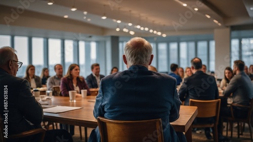 A group of business professionals engaged in a large conference meeting in a modern office setting with ample natural light.
