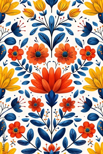 Scandinavian pattern featuring traditional folk art motifs with vibrant red, yellow, and blue flowers