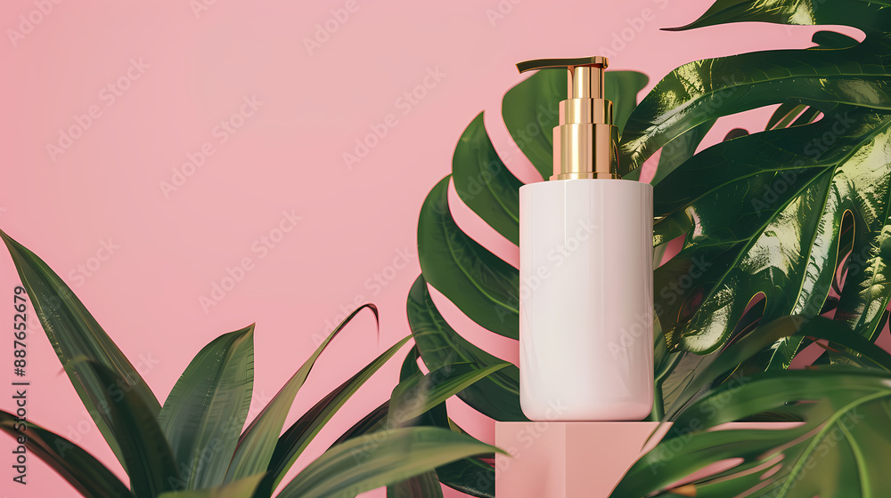 White cosmetic bottle surrounded by green leaves on pink background White cosmetic bottle surrounded by green leaves on pink background