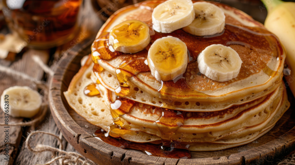Stack of pancakes topped with banana slices and drizzled with honey on a rustic wooden table Stack of pancakes topped with banana slices and drizzled with honey on a rustic wooden table