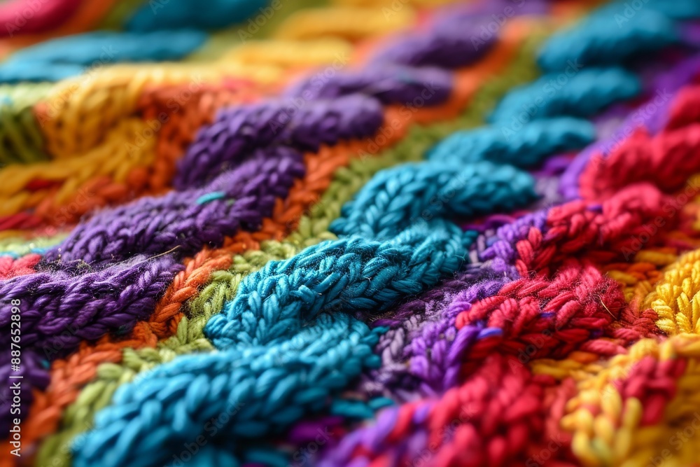 Colorful Knitted Pattern Backgrounds, A tightly woven fabric texture highlights individual threads, Close-up image of vibrant multicolored yarn, displaying a range of colors, AI generated Colorful Knitted Pattern Backgrounds, A tightly woven fabric texture highlights individual threads, Close-up image of vibrant multicolored yarn, displaying a range of colors, AI generated
