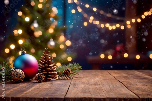 Empty wooden table, cones, ball christmas tree, lights on background, blurred bokeh. Christmas mock up banner to display, advertise product, promotion sale, presentation. New year, winter backgrounds.