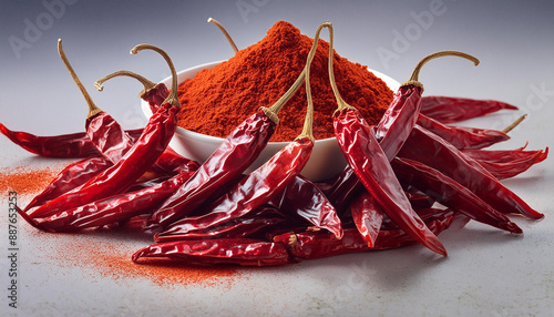 Dry red chillies isolated on white background with clipping path with red chilli powder