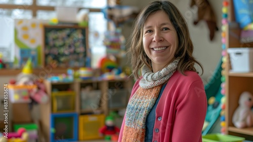 Wallpaper Mural A Female Kindergarten Teacher in Bright Clothes Smiling Warmly in a Classroom with Toys and Children, Reflecting Love and Dedication to Teaching and Nurturing Young Minds in Early Childhood Education Torontodigital.ca