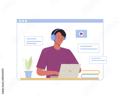 Young student study online sitting at a laptop and listening to lectures through headphones. E-learning by webinar training, online distance education