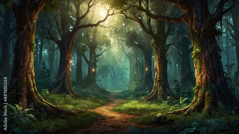 Fototapeta premium A beautiful fairytale enchanted forest with big trees and great vegetation. Digital painting background