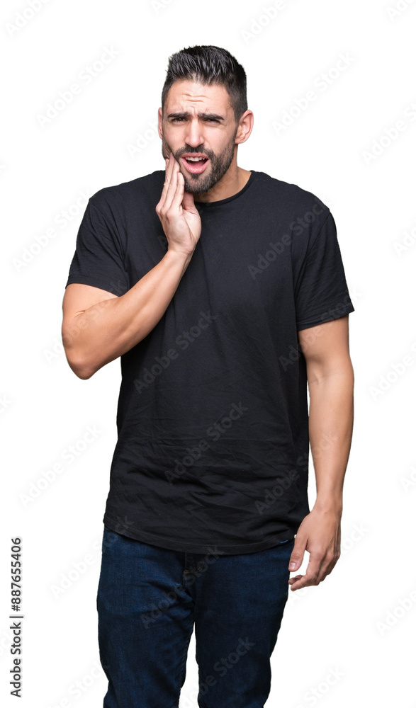 Young handsome man over isolated background touching mouth with hand with painful expression because of toothache or dental illness on teeth. Dentist concept. Young handsome man over isolated background touching mouth with hand with painful expression because of toothache or dental illness on teeth. Dentist concept.