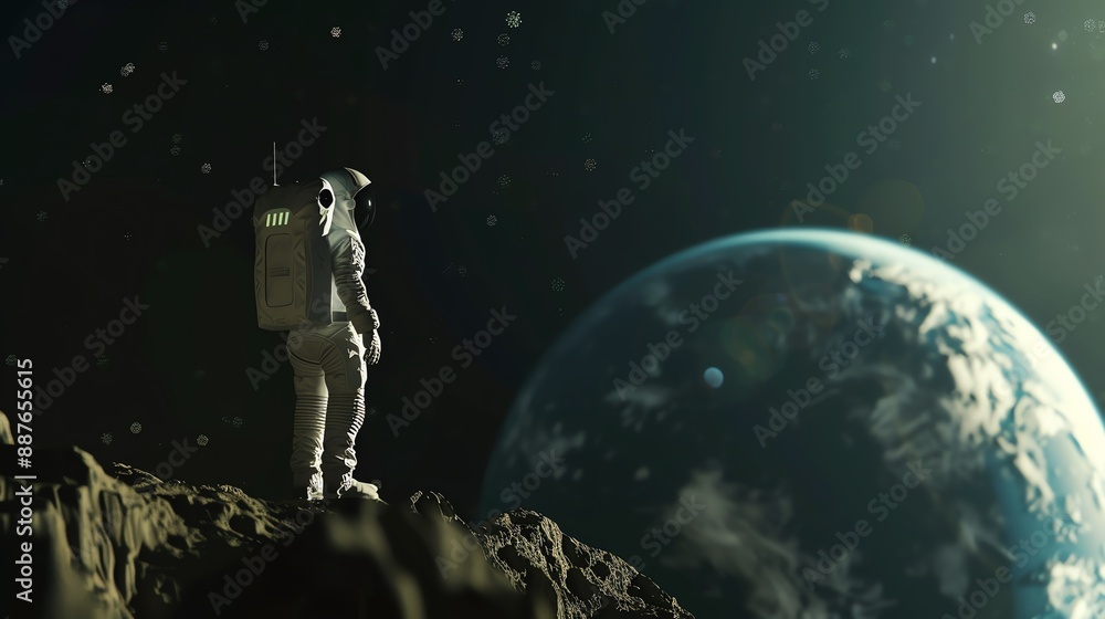 Obraz premium Rear view of a minimalist astronaut in a sleek white suit standing on a small rocky planet