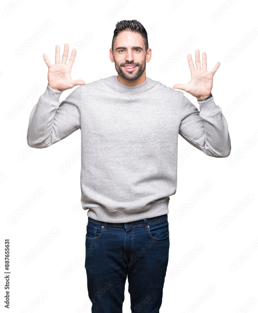 Young handsome man wearing sweatshirt over isolated background showing and pointing up with fingers number ten while smiling confident and happy. Young handsome man wearing sweatshirt over isolated background showing and pointing up with fingers number ten while smiling confident and happy.