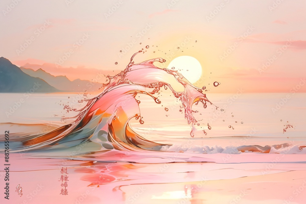 Panoramic nature landscape view of beautiful sea at sunset. Inspire tropical beach with sunrise sky. Oil painting style. Beautiful illustration for interior poster, wallpaper, banner, wall art Panoramic nature landscape view of beautiful sea at sunset. Inspire tropical beach with sunrise sky. Oil painting style. Beautiful illustration for interior poster, wallpaper, banner, wall art