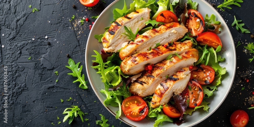 healthy eating concpt banner with grilled chicken and salad healthy eating concpt banner with grilled chicken and salad