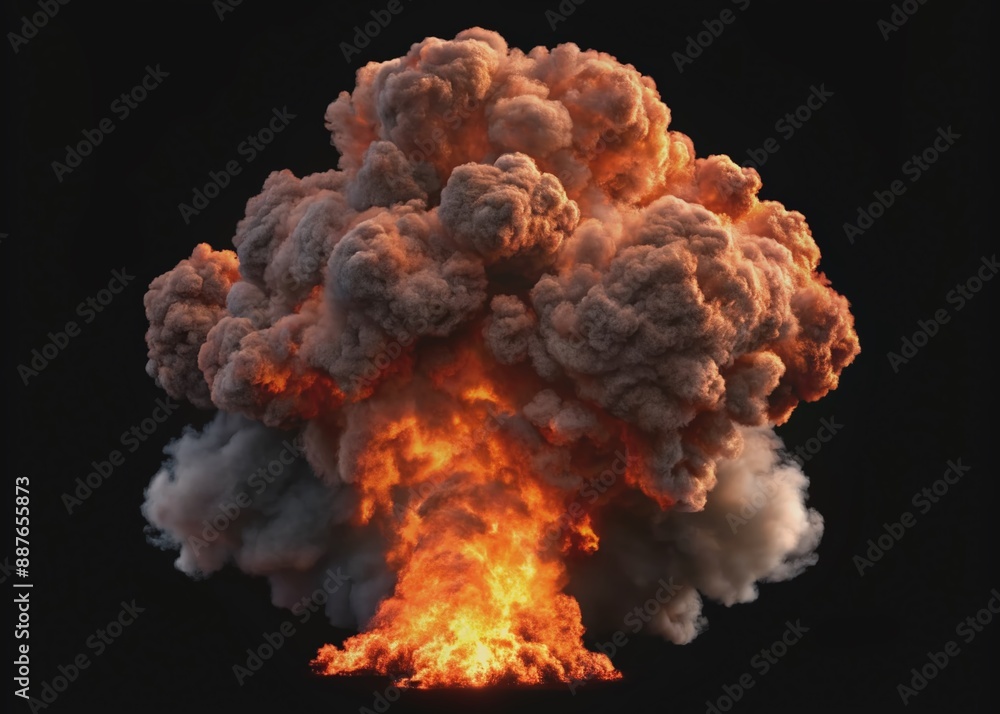 Dramatic medium shot of a massive ground fire and smoke explosion isolated on a black background with transparent alpha channel for easy editing. Dramatic medium shot of a massive ground fire and smoke explosion isolated on a black background with transparent alpha channel for easy editing.
