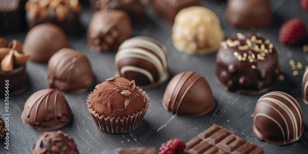 closeup of many chocolate candies pralines on dark background closeup of many chocolate candies pralines on dark background