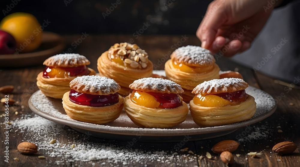 A breakfast table set with small pastries, powdered sugar and flour sprinkled in the air, in a Rustic style. A breakfast table set with small pastries, powdered sugar and flour sprinkled in the air, in a Rustic style.