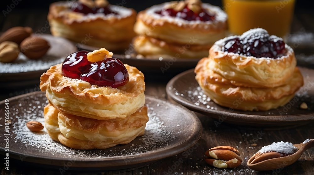 A breakfast table set with small pastries, powdered sugar and flour sprinkled in the air, in a Rustic style. A breakfast table set with small pastries, powdered sugar and flour sprinkled in the air, in a Rustic style.