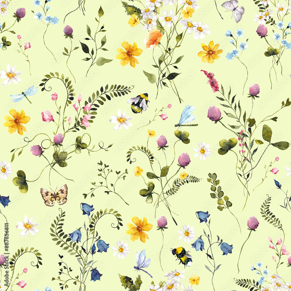 Fototapeta premium Seamless pattern with watercolor hand draw wildflowers, herbs and grass, butterfly, dragonfly and bumblebee, isolated on colored background