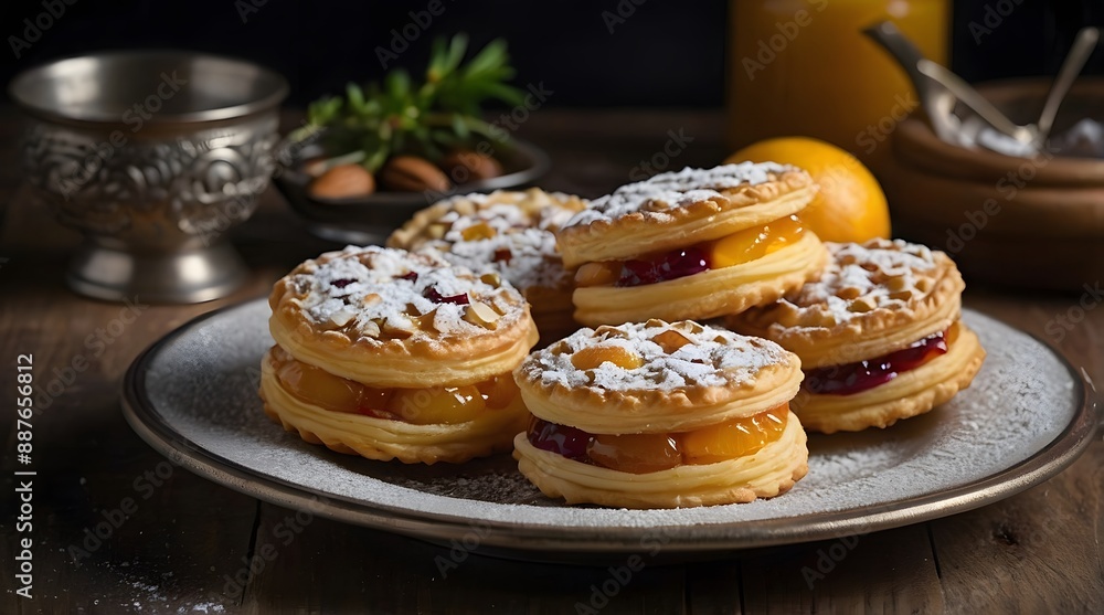 A breakfast table set with small pastries, powdered sugar and flour sprinkled in the air, in a Rustic style. A breakfast table set with small pastries, powdered sugar and flour sprinkled in the air, in a Rustic style.