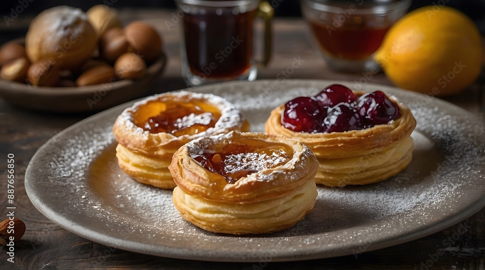 A breakfast table set with small pastries, powdered sugar and flour sprinkled in the air, in a Rustic style. A breakfast table set with small pastries, powdered sugar and flour sprinkled in the air, in a Rustic style.