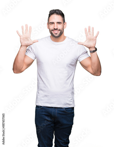 Young man wearing casual white t-shirt over isolated background showing and pointing up with fingers number ten while smiling confident and happy.