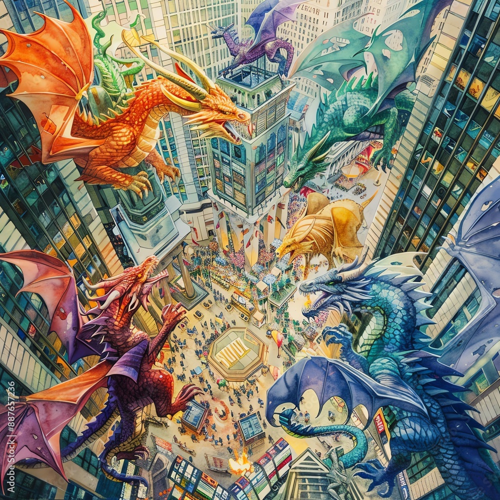 Fototapeta premium Birds-eye view of a bustling stock market