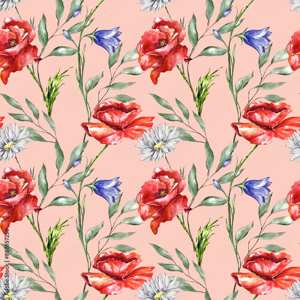 Wild field flowers watercolor pattern on peach pink fuzz. Cute floral seamless texture with chamomile, poppy, lupin, cornflower, forget-me-not on white background. Meadow plants Wild field flowers watercolor pattern on peach pink fuzz. Cute floral seamless texture with chamomile, poppy, lupin, cornflower, forget-me-not on white background. Meadow plants