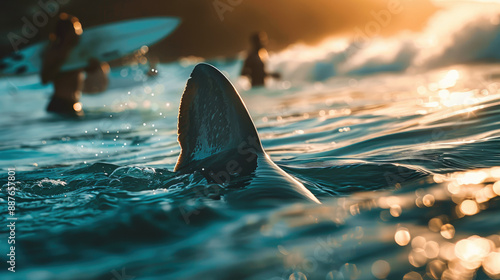 A shark fin sticking out of the water with surfers in the background, a beautiful blue ocean at sunrise