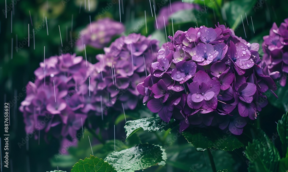 Fototapeta premium purple hydrangeas in the rain, Generative AI