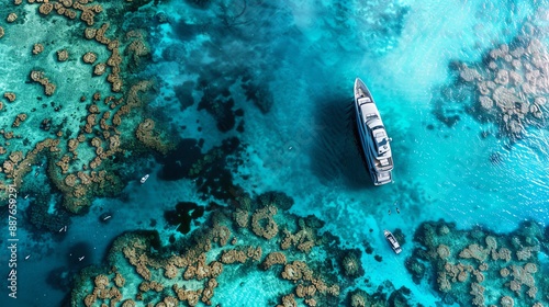 High-angle view of a luxury yacht floating in a crystal-clear turquoise sea, surrounded by coral reefs and marine life, captured in vibrant detail, photorealistic drone photography photo