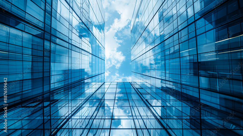 Modern Skyscrapers Reflecting the Sky and Clouds symbolizing modern architecture and urban development. Modern Skyscrapers Reflecting the Sky and Clouds symbolizing modern architecture and urban development.