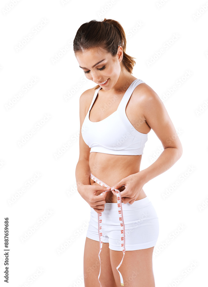 Woman, lingerie and measuring tape on waist for fitness, weight loss and diet in white background. Female person, self esteem and wellness for health, body goal and confidence with figure in studio Woman, lingerie and measuring tape on waist for fitness, weight loss and diet in white background. Female person, self esteem and wellness for health, body goal and confidence with figure in studio