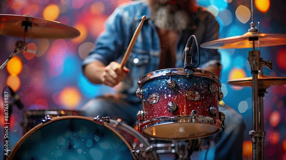 Obraz premium Talented Artistic Man Playing Drums, Making A Concert Against A Vivid Background, Jazz, Dynamic And Lively, High Quality Background