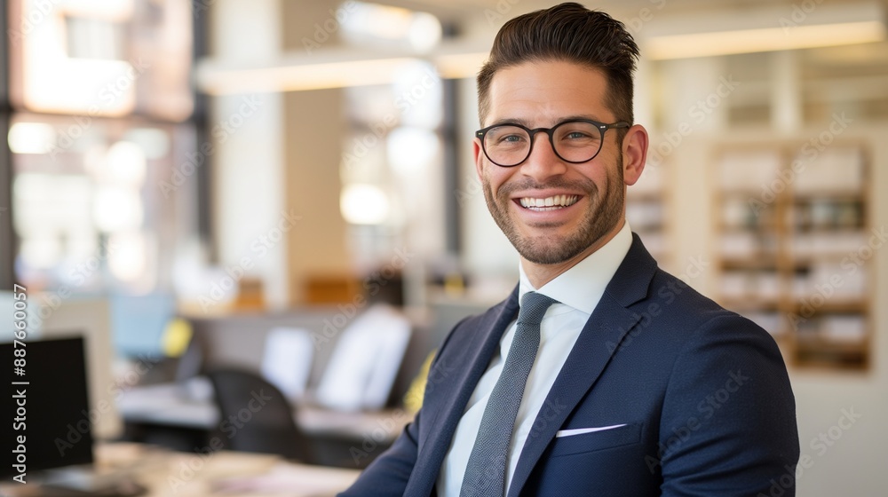 Professional Male HR Manager in Formal Business Suit Smiling in Office with Documents and Computer, Showcasing Expertise in Human Resources and Corporate Environment Professional Male HR Manager in Formal Business Suit Smiling in Office with Documents and Computer, Showcasing Expertise in Human Resources and Corporate Environment