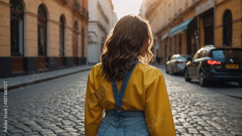 Back view of a woman in a yellow top and overalls walking down a cobblestone street in a picturesque city. 