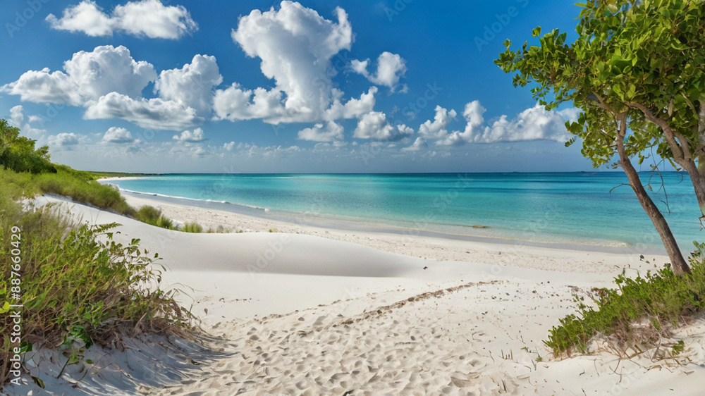 Illustrate a serene midday beachscape with azure waters meeting white sands, framed by lush greenery and a clear blue sky overhead, evoking a sense of tranquility and natural beauty. Illustrate a serene midday beachscape with azure waters meeting white sands, framed by lush greenery and a clear blue sky overhead, evoking a sense of tranquility and natural beauty.