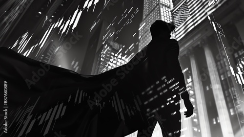 Low-angle shot of stock market ticker overlaid with heroic figure in a cape