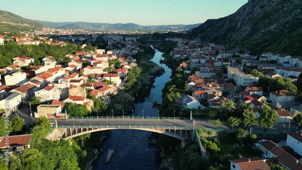 aerial view of the historic town of Mostar with famous Old Bridge , Bosnia and Herzegovina aerial view of the historic town of Mostar with famous Old Bridge , Bosnia and Herzegovina