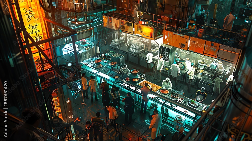 Top-down view of a bustling urban kitchen in a dystopian future Top-down view of a bustling urban kitchen in a dystopian future