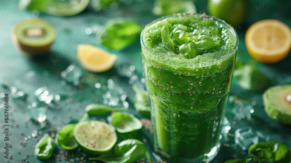 A green smoothie is poured into a glass on a table with a green background A green smoothie is poured into a glass on a table with a green background