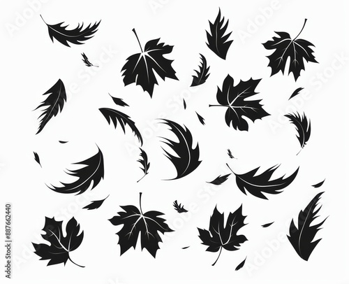 Falling leaves. Modern silhouette of maple, oak, rowan and other leaves. Autumn decorations.