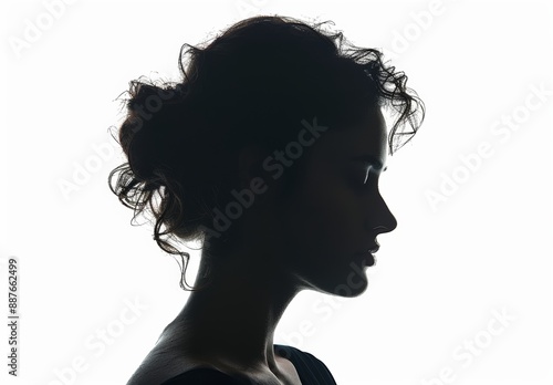 An attractive young woman looks ahead with her hair flowing - horizontal silhouette