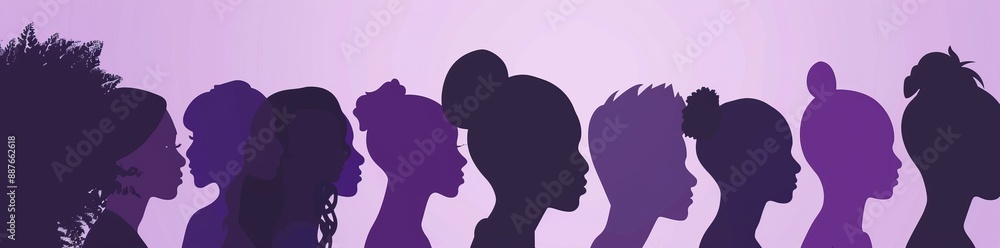 A portrait of a woman photographed in profile on March 8. Horizontal format. Violet colors. Modern illustration with a flat design. A portrait of a woman photographed in profile on March 8. Horizontal format. Violet colors. Modern illustration with a flat design.