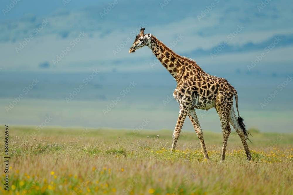 Fototapeta premium A giraffe (giraffa) walks in a field in the grasslands of a savanna with a hazy silhouette of mountains in the background; Maasai Mara National Park, Kenya.