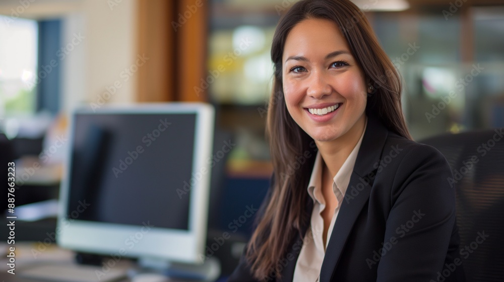 A professional female HR manager in a formal suit smiling warmly in an office setting with documents and computers, showcasing expertise in human resources management and business leadership roles A professional female HR manager in a formal suit smiling warmly in an office setting with documents and computers, showcasing expertise in human resources management and business leadership roles