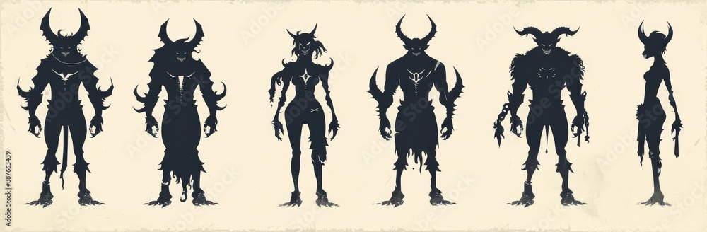 Fototapeta premium Demon devil and hell silhouettes set, large contemporary silhouette design, isolated white background