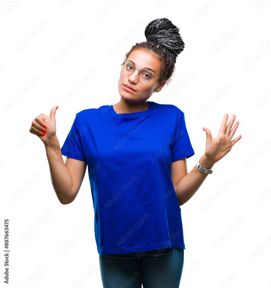 Young braided hair african american girl wearing glasses over isolated background showing and pointing up with fingers number six while smiling confident and happy. Young braided hair african american girl wearing glasses over isolated background showing and pointing up with fingers number six while smiling confident and happy.