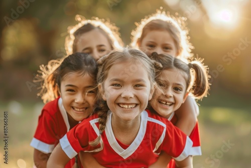 Sports team kids piggybacking outdoors in elementary school