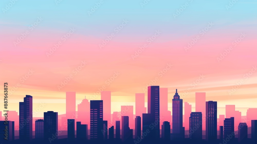 Modern graphic design of an urban skyline at dusk, with silhouettes of skyscrapers against a colorful sky, showcasing the beauty of city life Modern graphic design of an urban skyline at dusk, with silhouettes of skyscrapers against a colorful sky, showcasing the beauty of city life