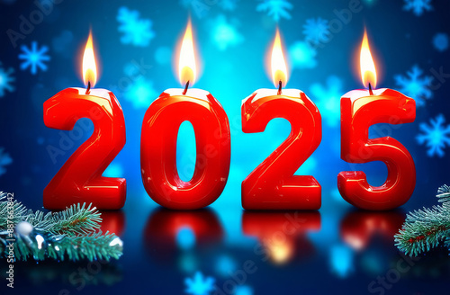 Festive background Happy New Year 2025 with bokeh. Red burning candles in the form of the numbers 2025 on a festive blurred background. Concept of Christmas and New Year holidays.