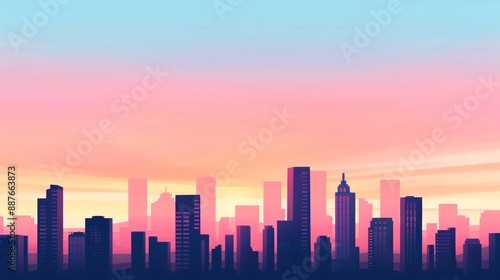 Modern graphic design of an urban skyline at dusk, with silhouettes of skyscrapers against a colorful sky, showcasing the beauty of city life