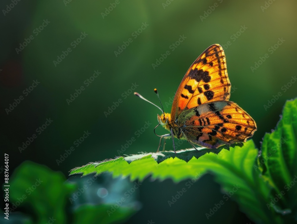 A vibrant orange butterfly perched on a leaf with a blurred green background, capturing the beauty of nature in a close-up shot. A vibrant orange butterfly perched on a leaf with a blurred green background, capturing the beauty of nature in a close-up shot.